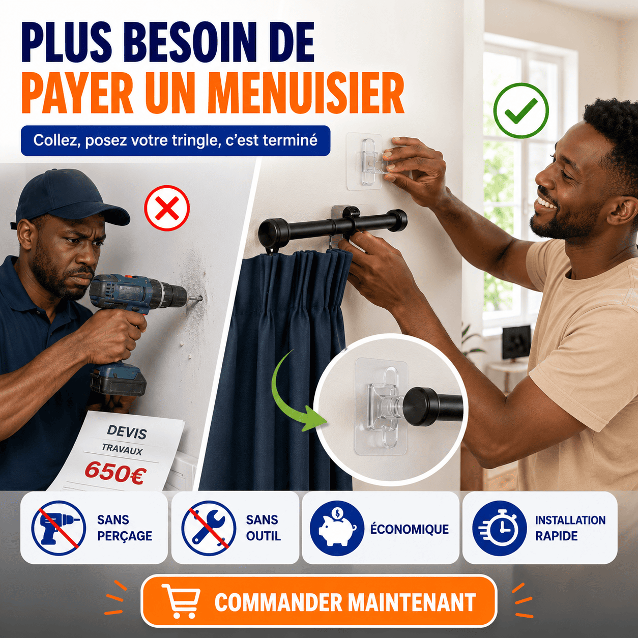 Supports de Tringle Ultra-Résistants Sans Perçage — Installez Vos Rideaux Sans Menuisier