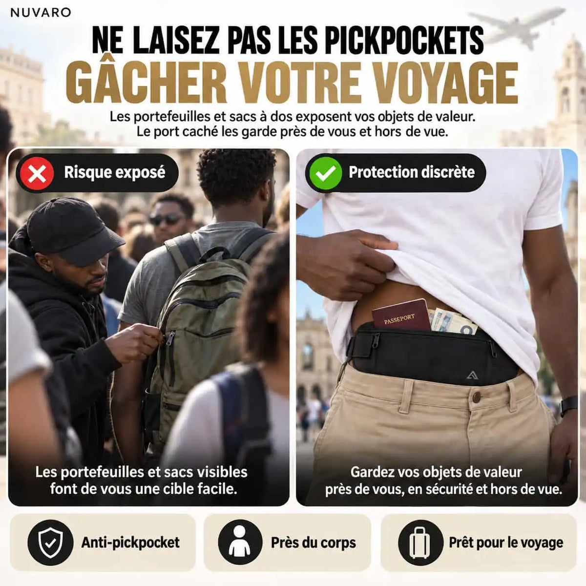 Pochette Anti-Vol Invisible de Voyage – Passeport, Argent & Cartes