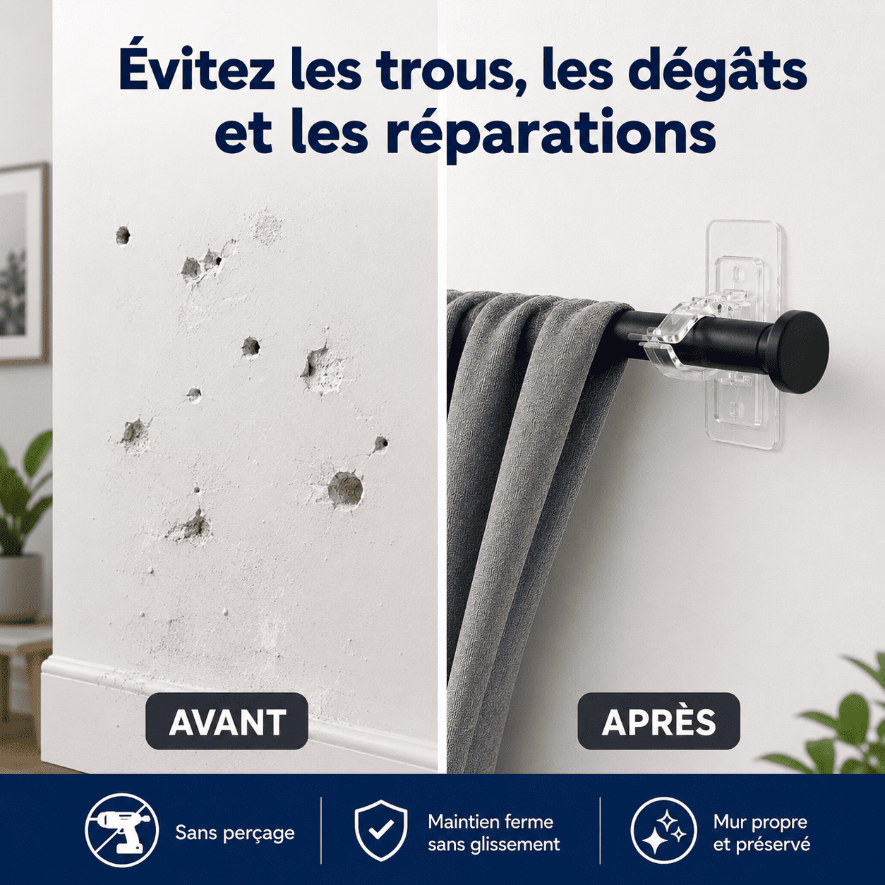 Supports de Tringle Ultra-Résistants Sans Perçage — Installez Vos Rideaux Sans Menuisier
