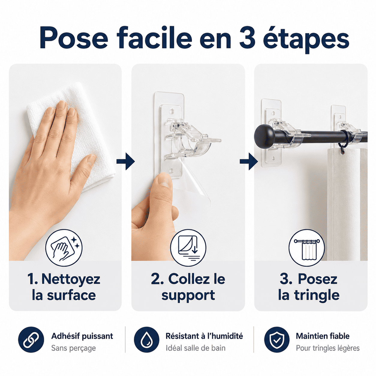 Supports de Tringle Ultra-Résistants Sans Perçage — Installez Vos Rideaux Sans Menuisier