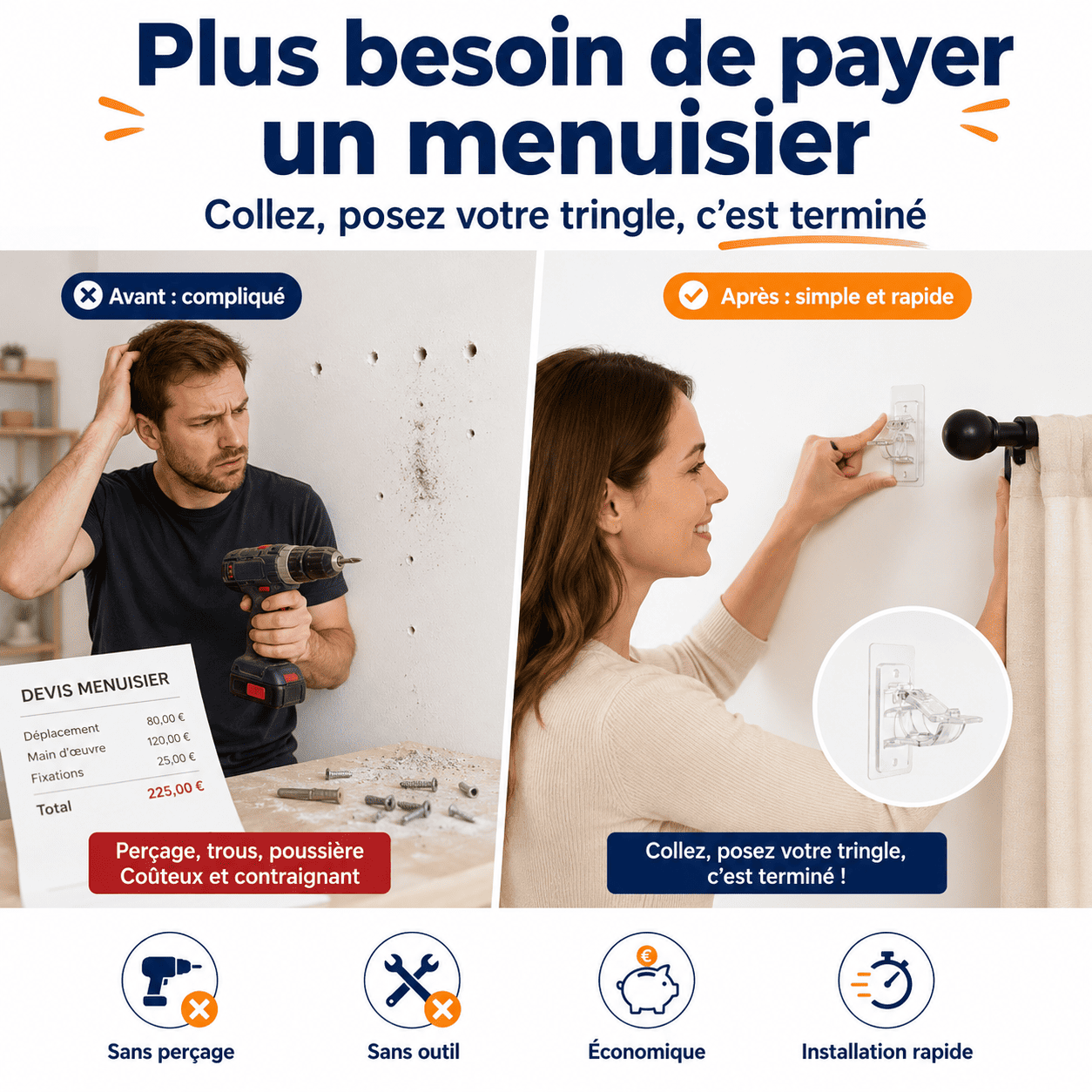 Supports de Tringle Ultra-Résistants Sans Perçage — Installez Vos Rideaux Sans Menuisier