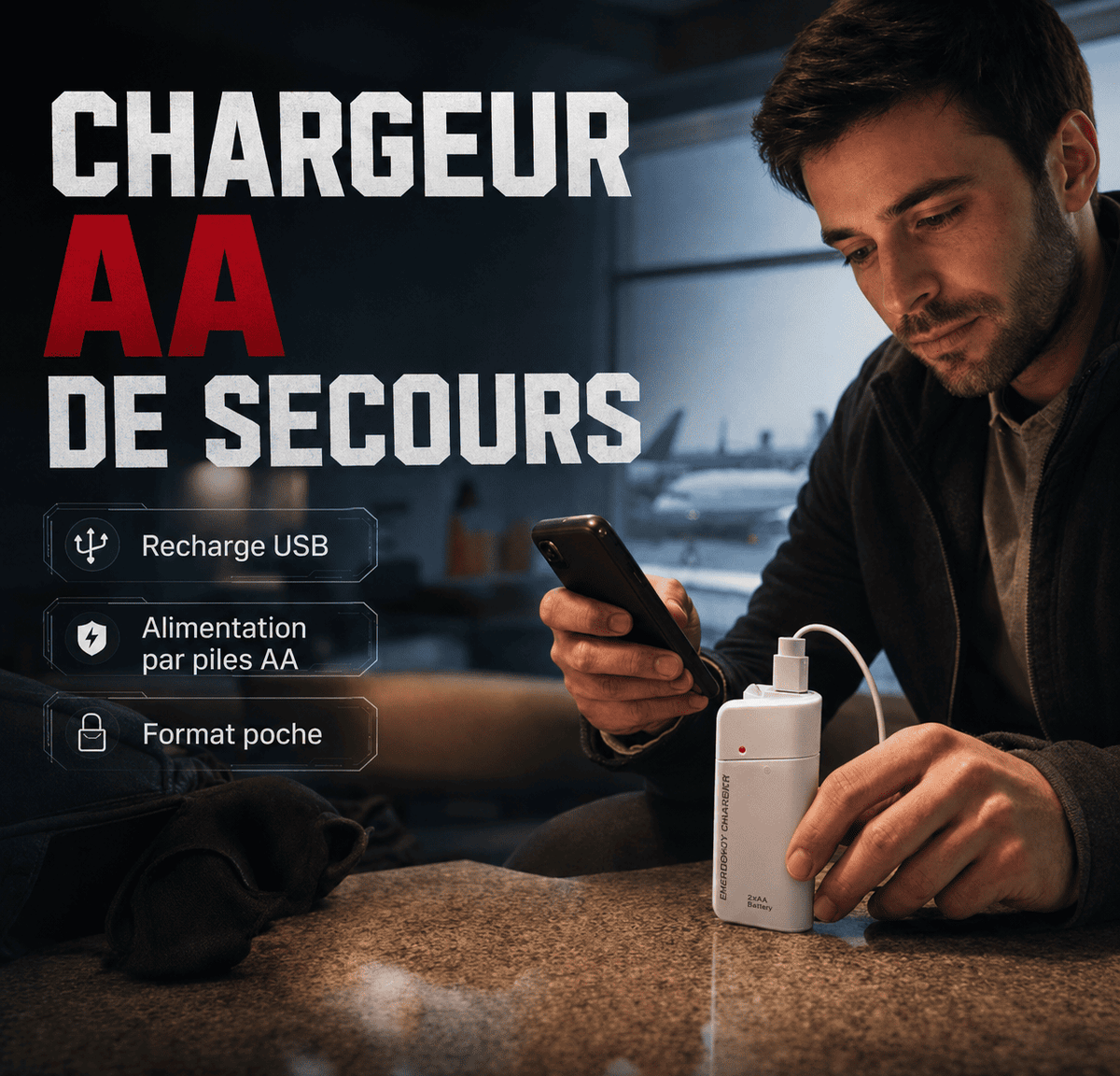 Chargeur de téléphone portable d'urgence, batterie externe alimentée par piles AA avec lampe torche LED