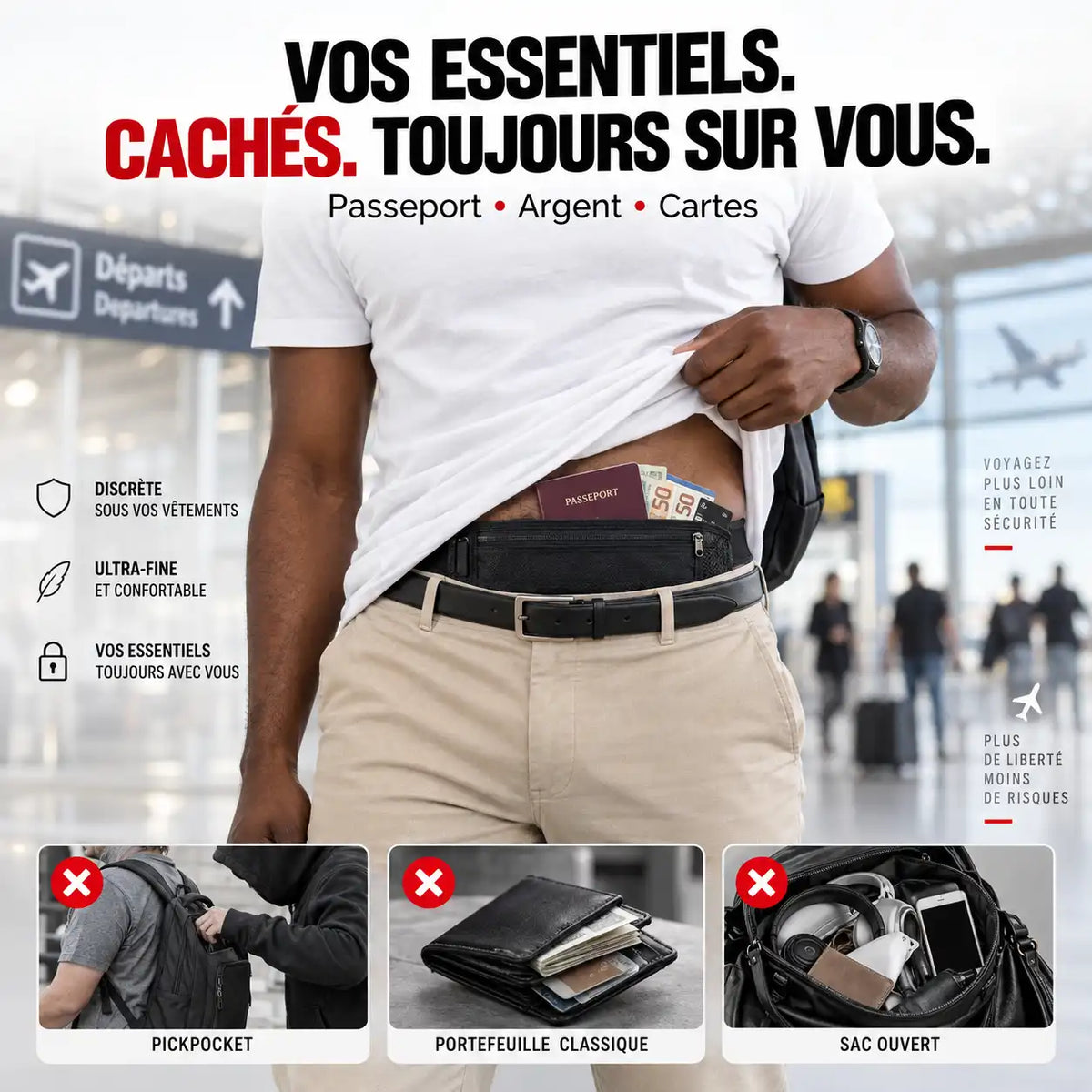 Pochette Anti-Vol Invisible de Voyage – Passeport, Argent & Cartes
