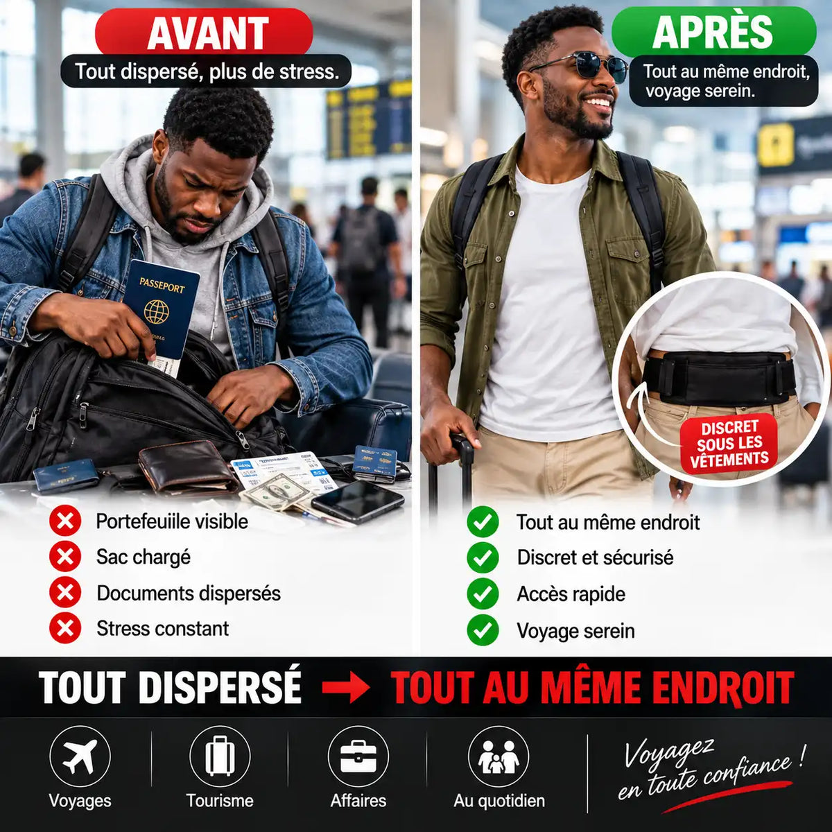 Pochette Anti-Vol Invisible de Voyage – Passeport, Argent & Cartes