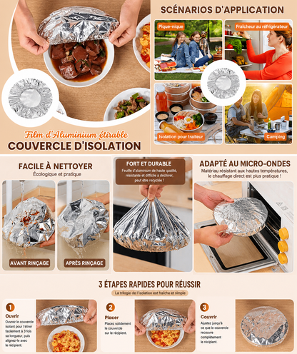 Couvercle Isolant en Feuille d’Aluminium – Garde les Plats Chauds, Compatible Micro-ondes & Réutilisable