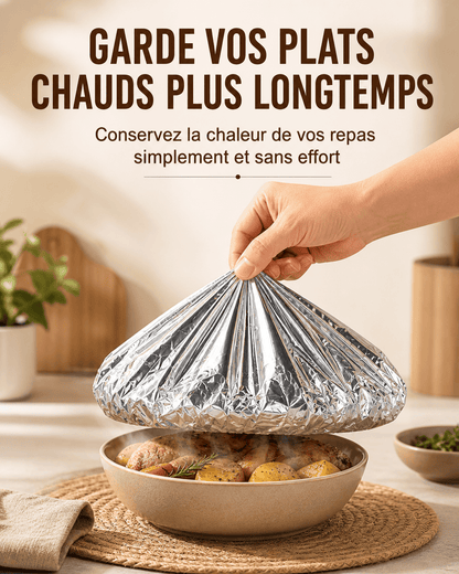 Couvercle Isolant en Feuille d’Aluminium – Garde les Plats Chauds, Compatible Micro-ondes & Réutilisable
