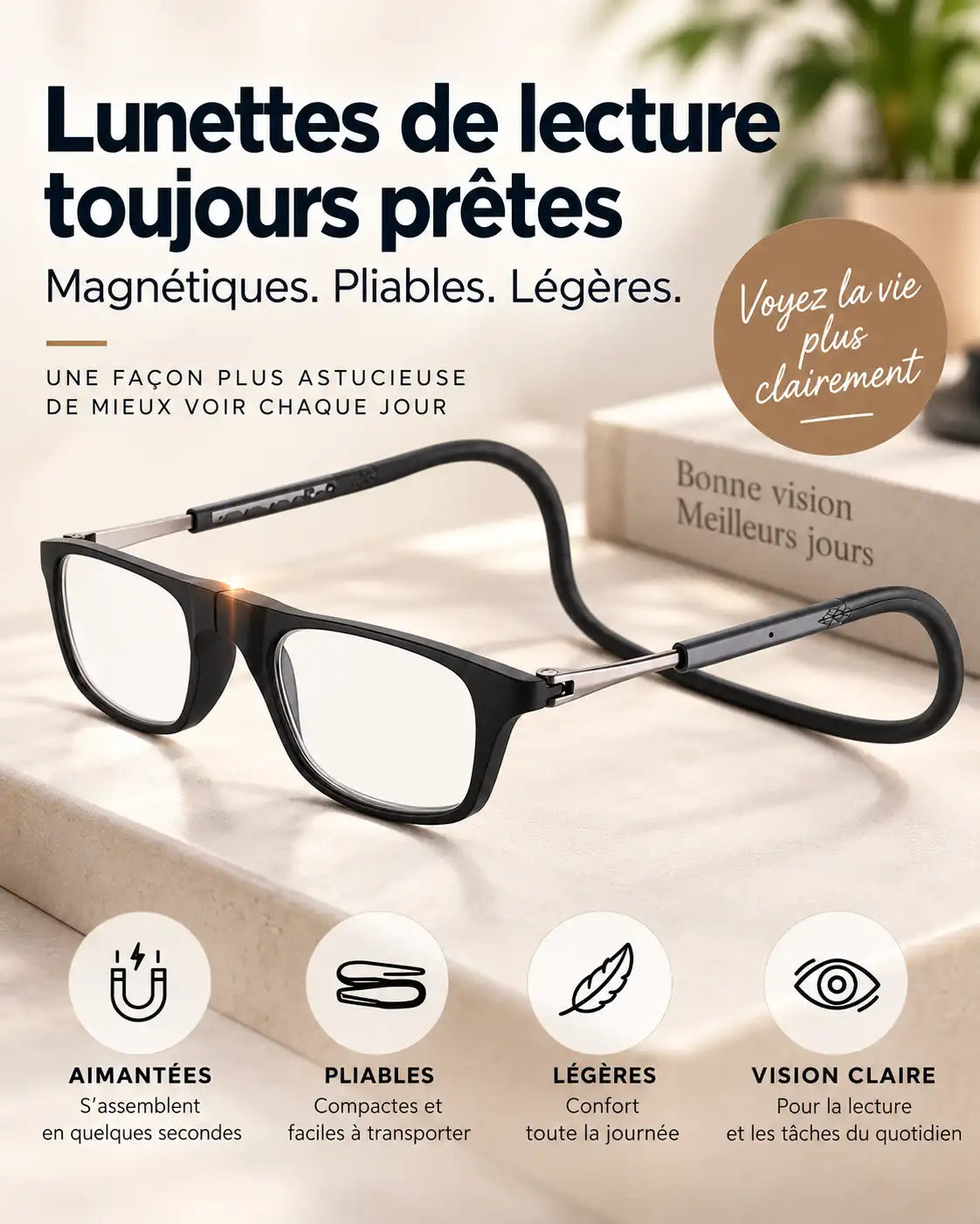 Lunettes de lecture magnétiques pliables  elles restent sur vous, vous ne les cherchez plus jamais